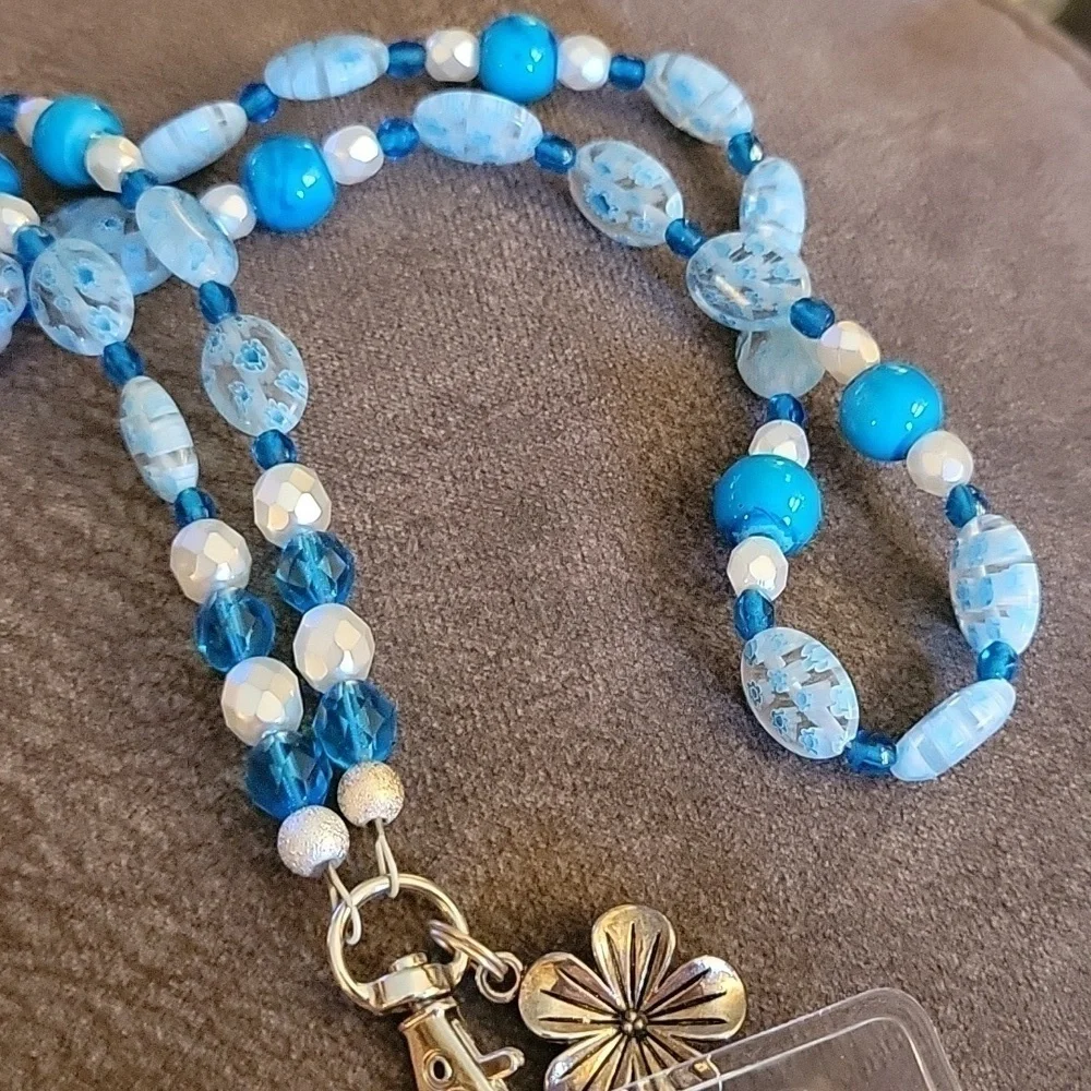 HANDMADE Aqua Floral Millefiori Glass Beaded Lanyard - Picture 2 of 5